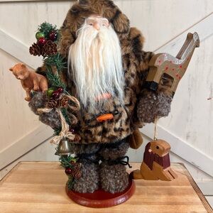 Woodland Santa Clause Rustic Figurine Faux Fur Animal Print Coat Carrying Toys